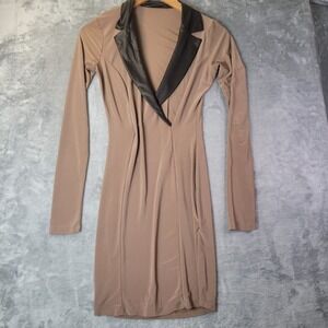 Symphony Womens Brown Taupe Long Sleeve Career Cocktail Stretch Dress